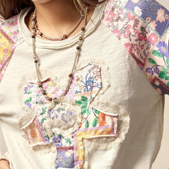 Apricot Boho Casual Women's Knit Contrast Lace Floral T-Shirt - Picture 9 of 9